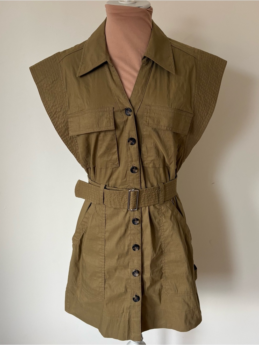 A.L.C. Ava Mini Utility Linen Blend Drill Green Cargo Safari Dress EUC Size 2 - Picture 4 of 10